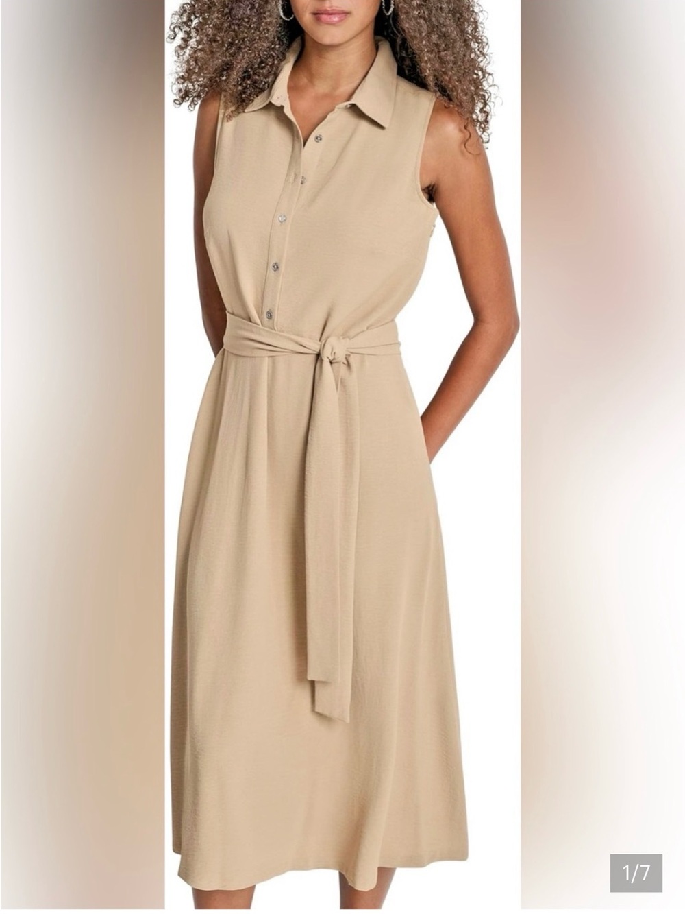 DKNY Sleeveless Collared Tie-Waist Midi Dress - Beige
